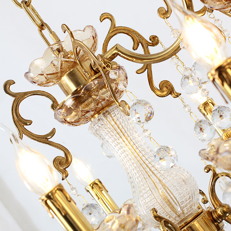 Chandelier en laiton, verre et cristal européen traditionnel à 12 lumières pour salle à manger 