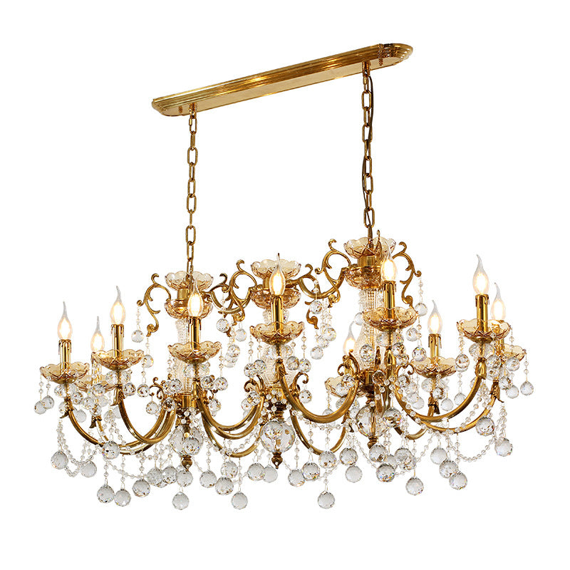 Traditional European Brass Glass & Crystal Candelabra 12-Light Chandelier For Dining Room