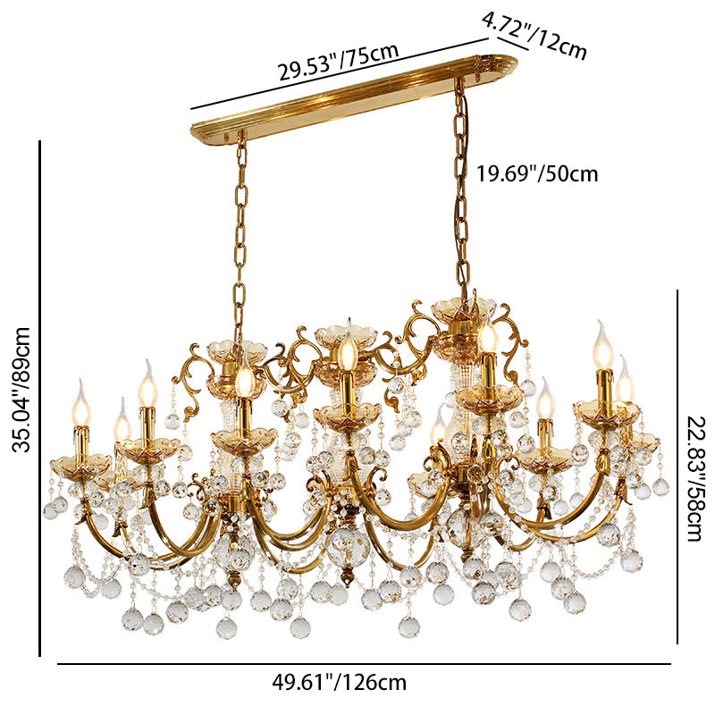 Chandelier en laiton, verre et cristal européen traditionnel à 12 lumières pour salle à manger 