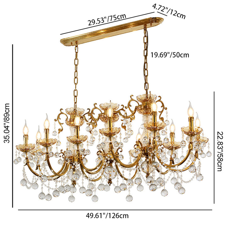 Chandelier en laiton, verre et cristal européen traditionnel à 12 lumières pour salle à manger 