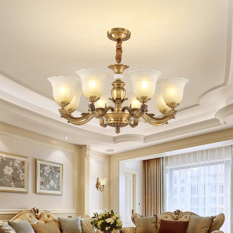 Traditional European Brass Jade & Glass Bud-Inspired 3/6/8/10/15-Light Chandelier For Living Room & Bedroom