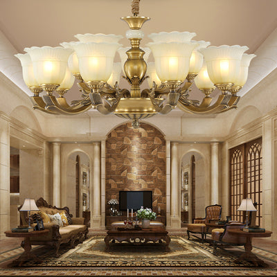 Traditional European Brass Jade & Glass Bud-Inspired 3/6/8/10/15-Light Chandelier For Living Room & Bedroom