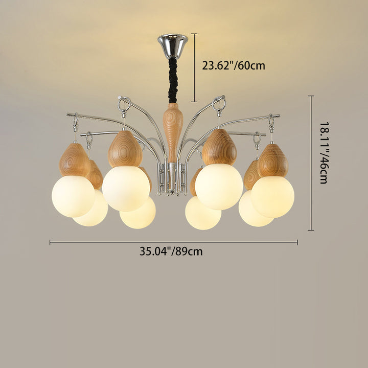 Traditional Japanese Glass Iron &amp; Wood Gourd Sputnik 6/8-Light Chandelier For Living Room