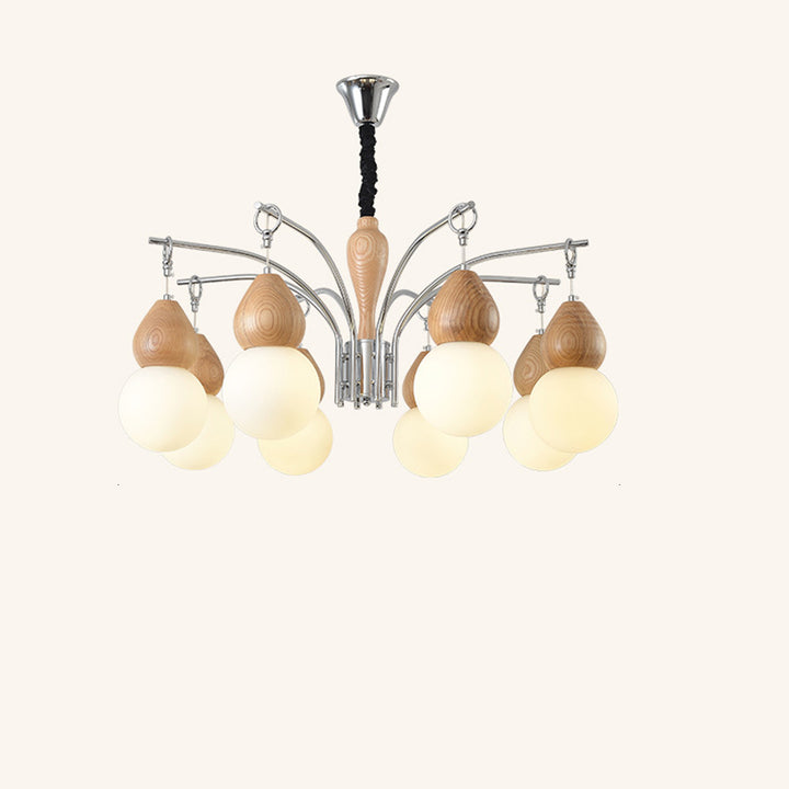 Traditional Japanese Glass Iron &amp; Wood Gourd Sputnik 6/8-Light Chandelier For Living Room