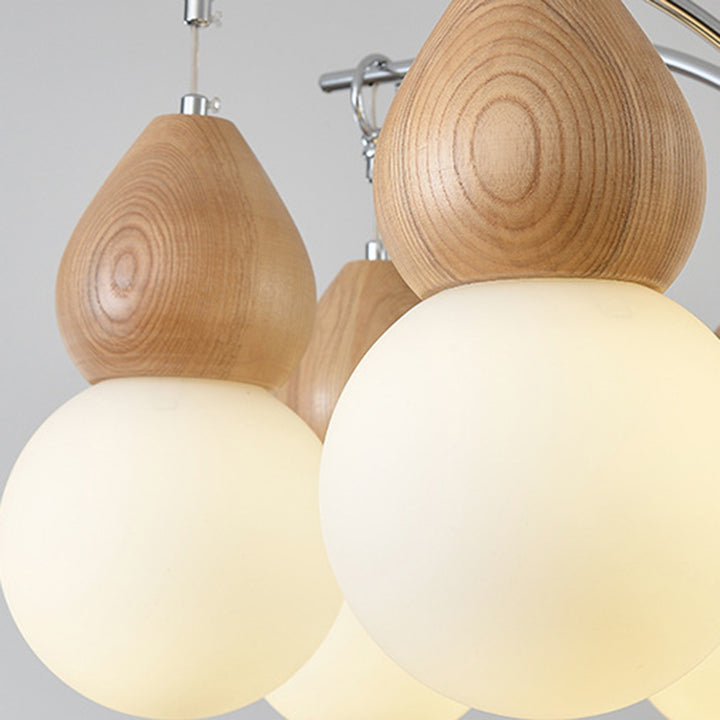 Traditional Japanese Glass Iron &amp; Wood Gourd Sputnik 6/8-Light Chandelier For Living Room