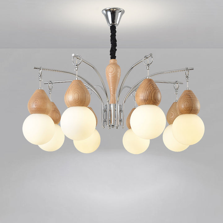 Traditional Japanese Glass Iron &amp; Wood Gourd Sputnik 6/8-Light Chandelier For Living Room