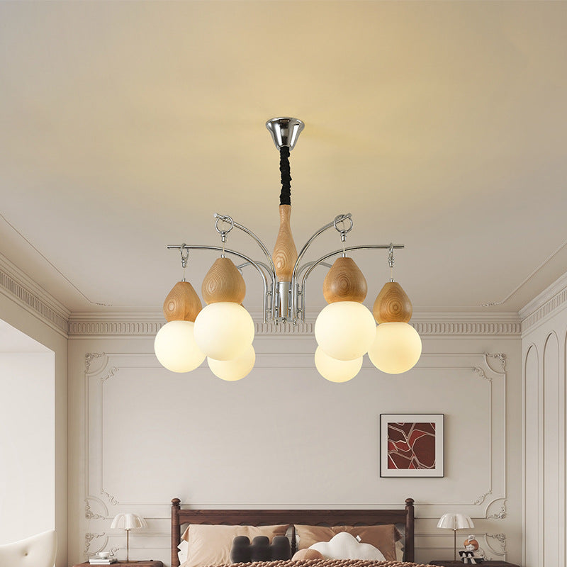 Traditional Japanese Glass Iron & Wood Gourd Sputnik 6/8-Light Chandelier For Living Room