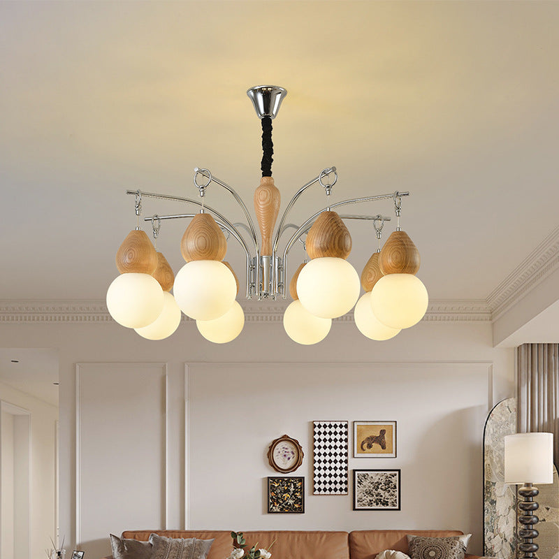 Traditional Japanese Glass Iron & Wood Gourd Sputnik 6/8-Light Chandelier For Living Room