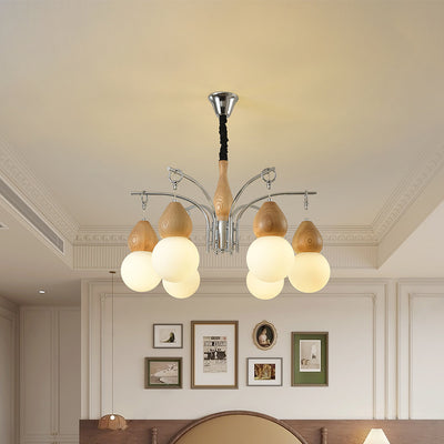 Traditional Japanese Glass Iron & Wood Gourd Sputnik 6/8-Light Chandelier For Living Room