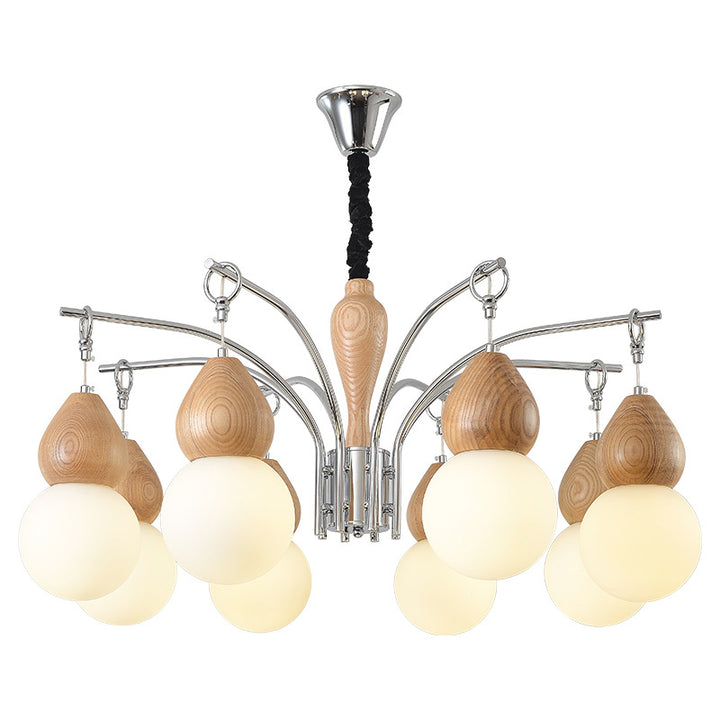 Traditional Japanese Glass Iron &amp; Wood Gourd Sputnik 6/8-Light Chandelier For Living Room