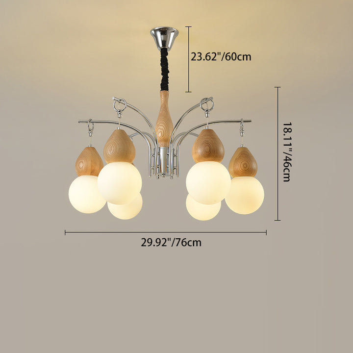 Traditional Japanese Glass Iron &amp; Wood Gourd Sputnik 6/8-Light Chandelier For Living Room