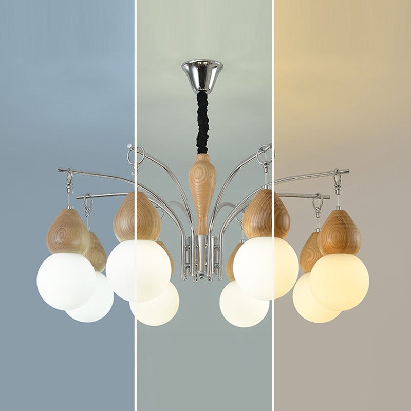 Traditional Japanese Glass Iron &amp; Wood Gourd Sputnik 6/8-Light Chandelier For Living Room