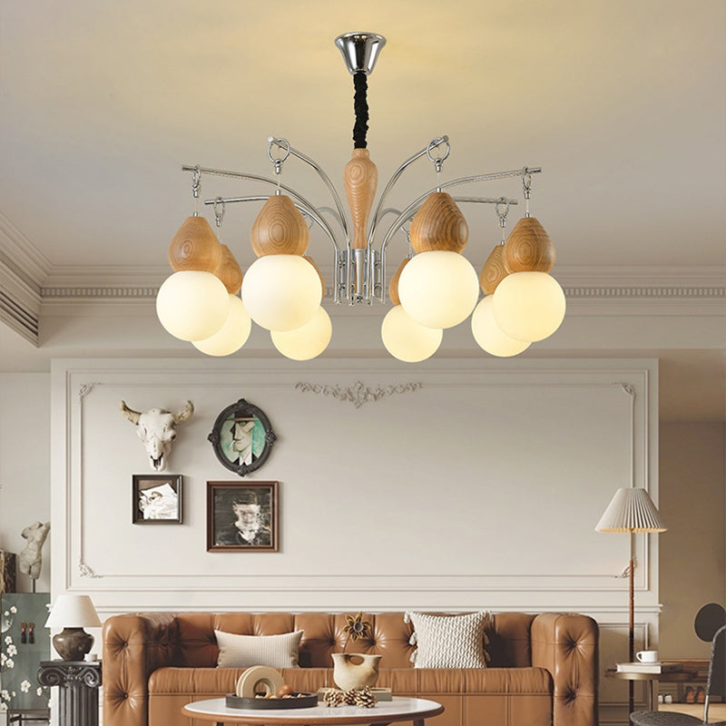 Traditional Japanese Glass Iron &amp; Wood Gourd Sputnik 6/8-Light Chandelier For Living Room