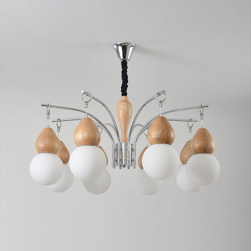 Traditional Japanese Glass Iron &amp; Wood Gourd Sputnik 6/8-Light Chandelier For Living Room