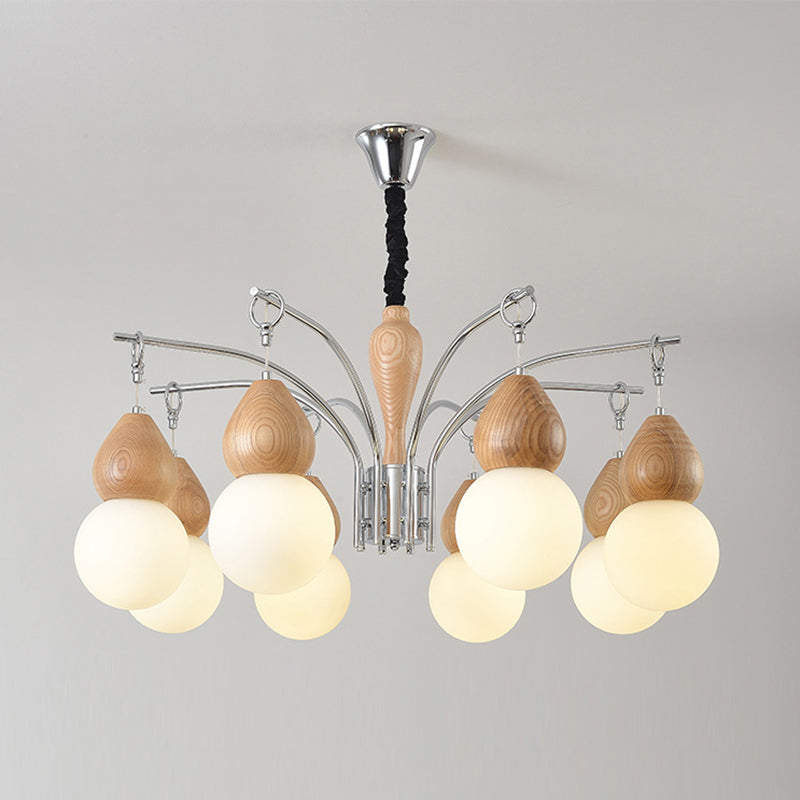 Traditional Japanese Glass Iron &amp; Wood Gourd Sputnik 6/8-Light Chandelier For Living Room