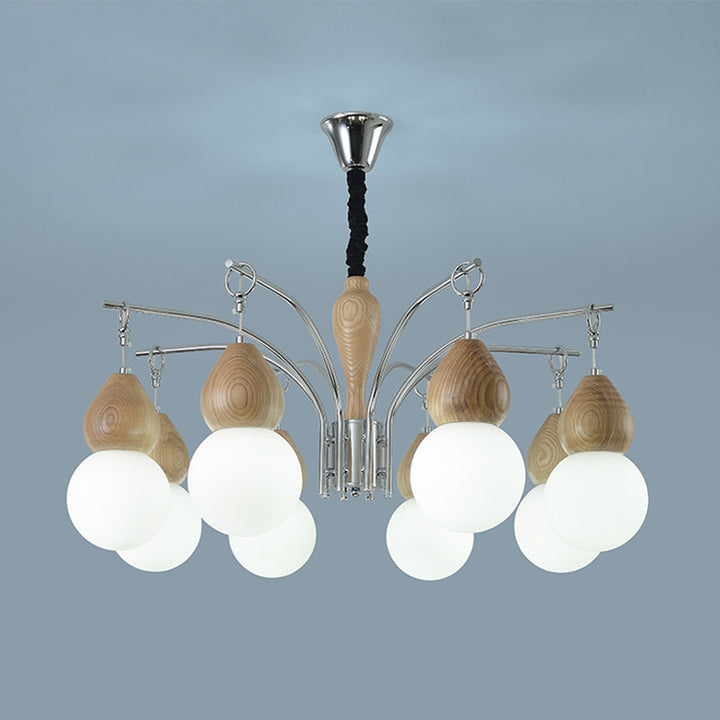 Traditional Japanese Glass Iron &amp; Wood Gourd Sputnik 6/8-Light Chandelier For Living Room