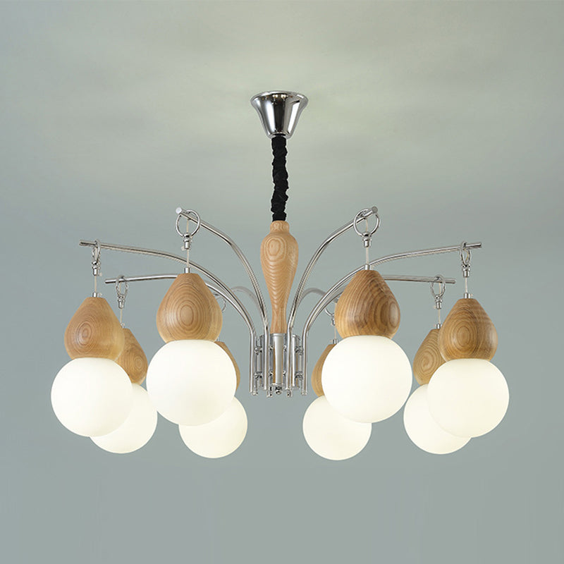 Traditional Japanese Glass Iron &amp; Wood Gourd Sputnik 6/8-Light Chandelier For Living Room
