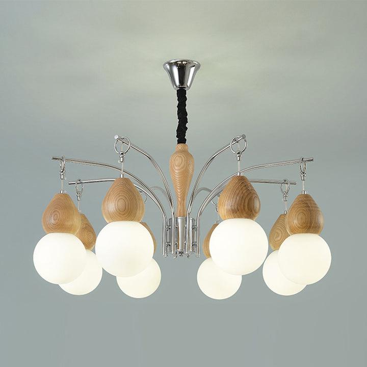 Traditional Japanese Glass Iron &amp; Wood Gourd Sputnik 6/8-Light Chandelier For Living Room