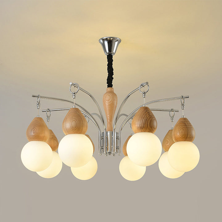 Traditional Japanese Glass Iron &amp; Wood Gourd Sputnik 6/8-Light Chandelier For Living Room