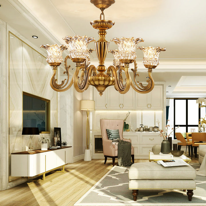 Traditional European Brass Glass Floral 3/6/8/10-Light Chandelier For Living Room And Bedroom
