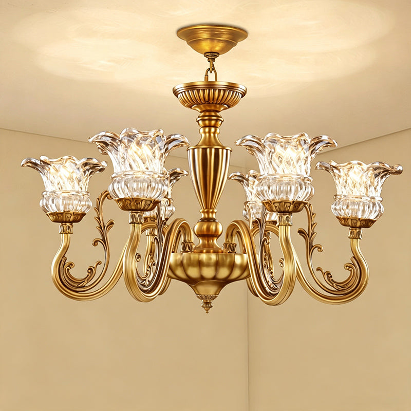 Traditional European Brass Glass Floral 3/6/8/10-Light Chandelier For Living Room And Bedroom