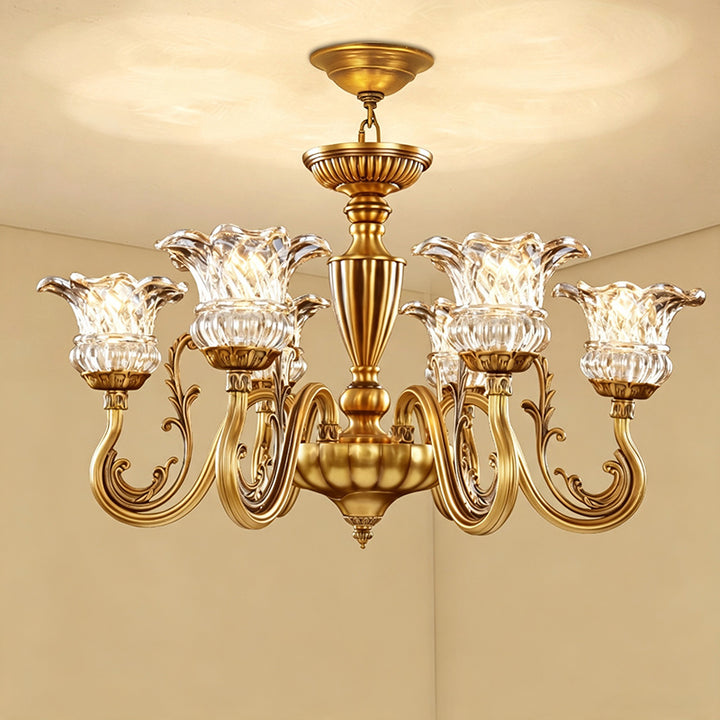 Traditional European Brass Glass Floral 3/6/8/10-Light Chandelier For Living Room And Bedroom