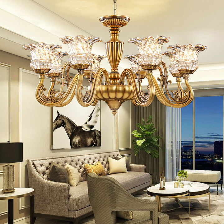 Traditional European Brass Glass Floral 3/6/8/10-Light Chandelier For Living Room And Bedroom