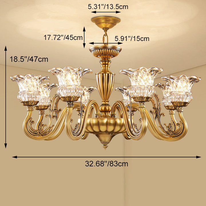 Traditional European Brass Glass Floral 3/6/8/10-Light Chandelier For Living Room And Bedroom