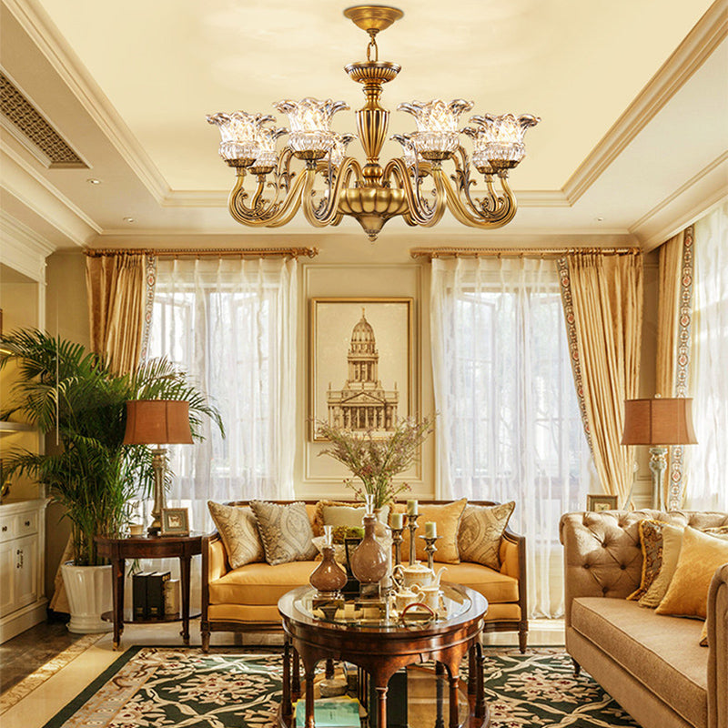 Traditional European Brass Glass Floral 3/6/8/10-Light Chandelier For Living Room And Bedroom