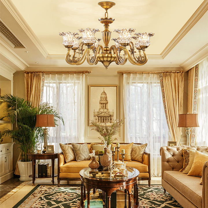 Traditional European Brass Glass Floral 3/6/8/10-Light Chandelier For Living Room And Bedroom