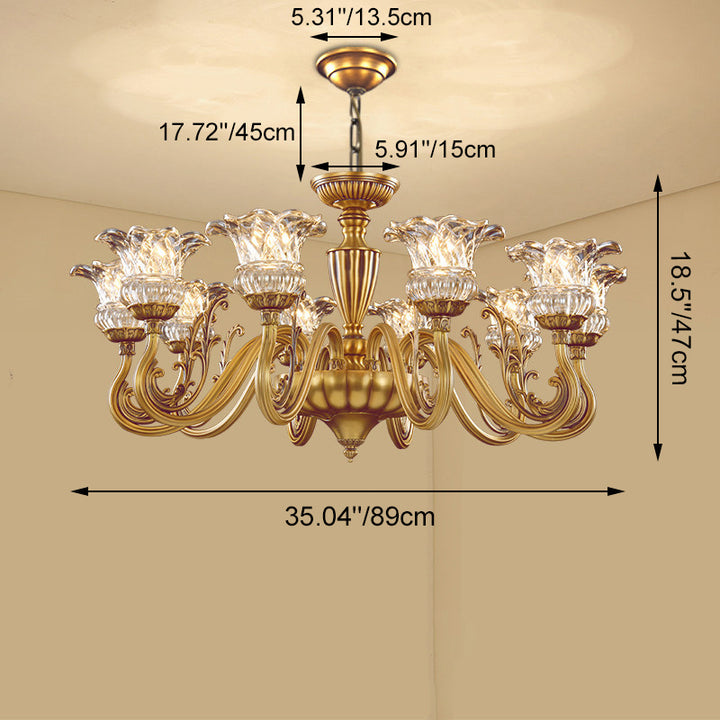Traditional European Brass Glass Floral 3/6/8/10-Light Chandelier For Living Room And Bedroom
