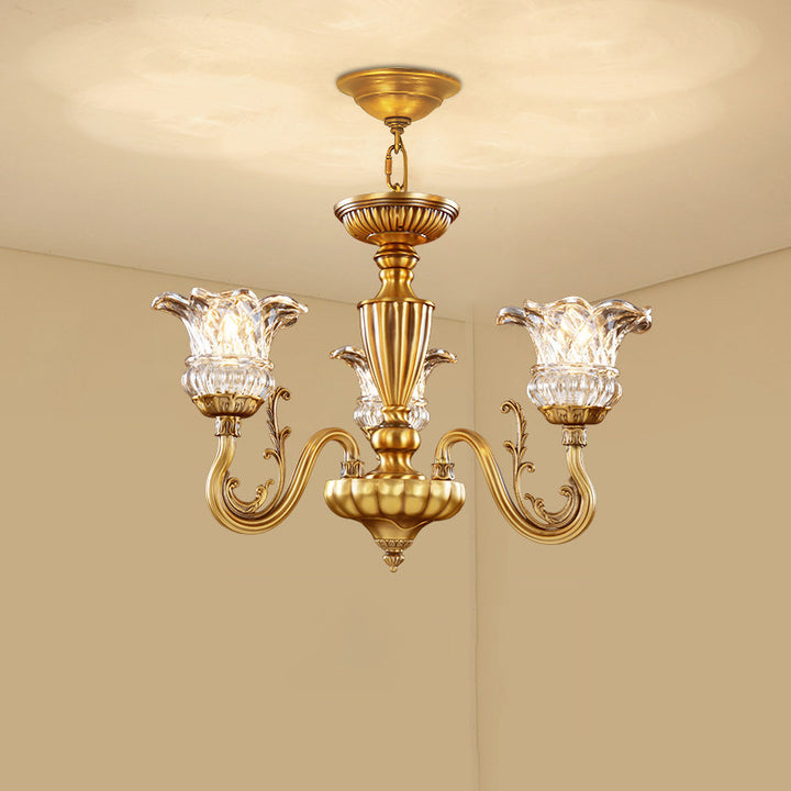 Traditional European Brass Glass Floral 3/6/8/10-Light Chandelier For Living Room And Bedroom