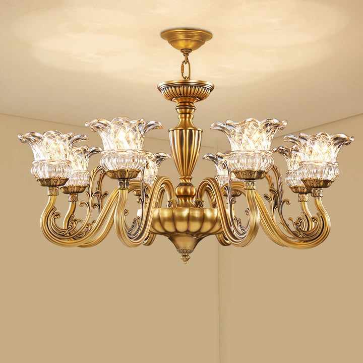 Traditional European Brass Glass Floral 3/6/8/10-Light Chandelier For Living Room And Bedroom