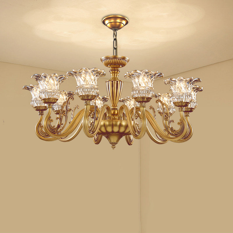 Traditional European Brass Glass Floral 3/6/8/10-Light Chandelier For Living Room And Bedroom