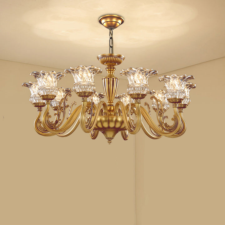 Traditional European Brass Glass Floral 3/6/8/10-Light Chandelier For Living Room And Bedroom