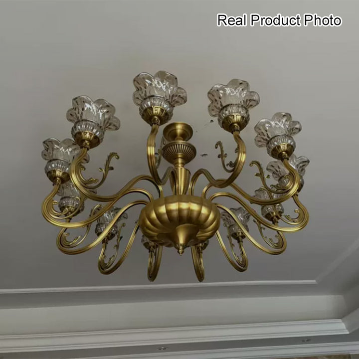 Traditional European Brass Glass Floral 3/6/8/10-Light Chandelier For Living Room And Bedroom