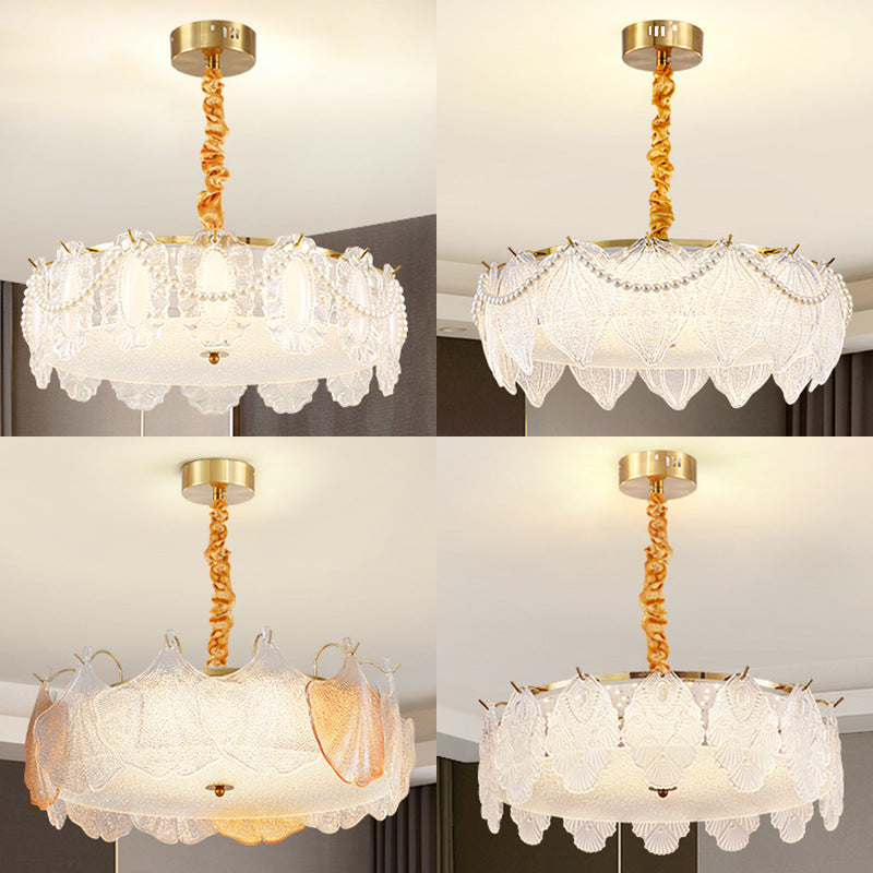 Traditional French Metal &amp; Glass Round Shell Leaf LED Chandelier For Bedroom And Living Room