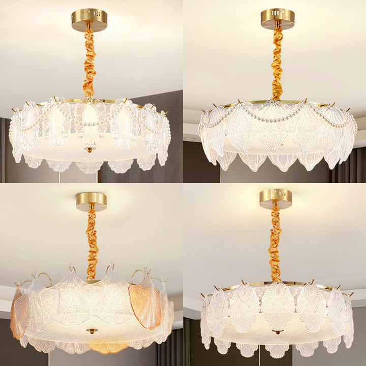 Traditional French Metal &amp; Glass Round Shell Leaf LED Chandelier For Bedroom And Living Room