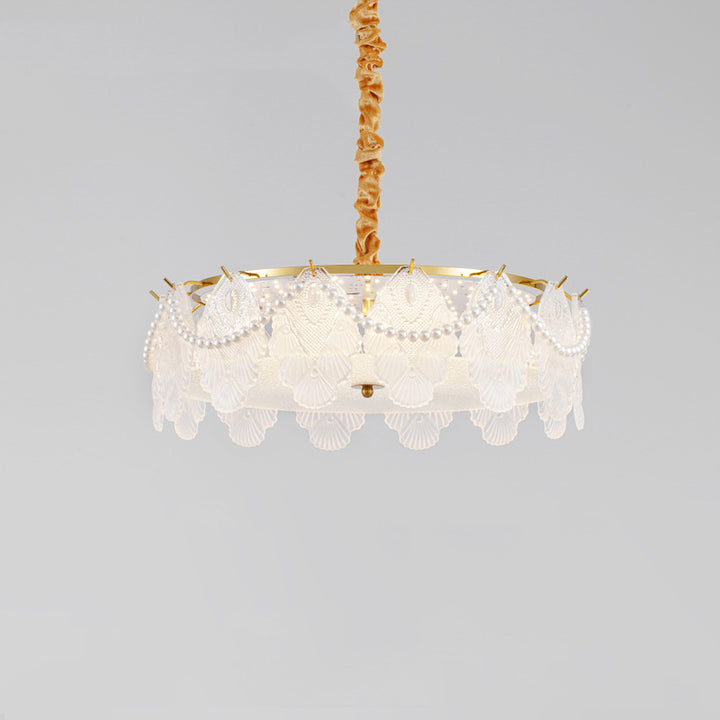 Traditional French Metal &amp; Glass Round Shell Leaf LED Chandelier For Bedroom And Living Room