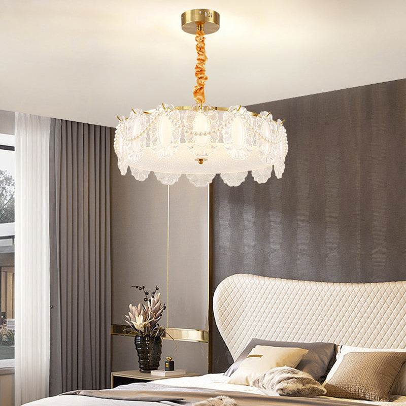 Traditional French Metal &amp; Glass Round Shell Leaf LED Chandelier For Bedroom And Living Room