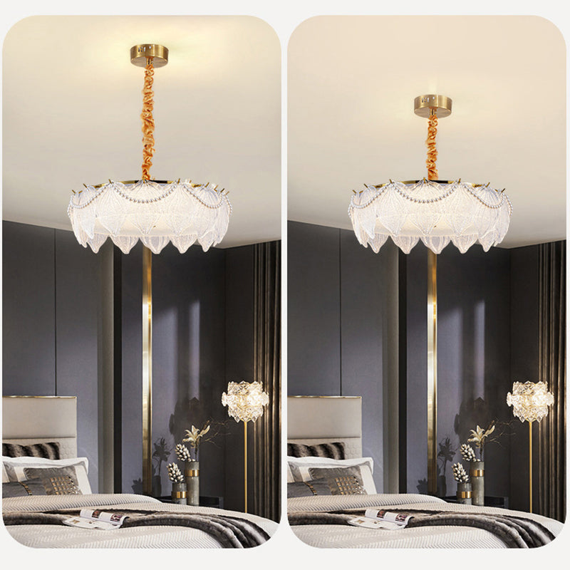 Traditional French Metal &amp; Glass Round Shell Leaf LED Chandelier For Bedroom And Living Room