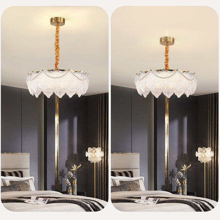 Traditional French Metal &amp; Glass Round Shell Leaf LED Chandelier For Bedroom And Living Room