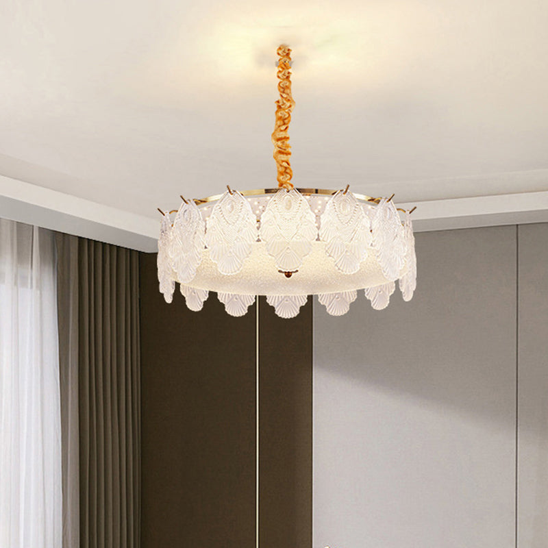 Traditional French Metal &amp; Glass Round Shell Leaf LED Chandelier For Bedroom And Living Room