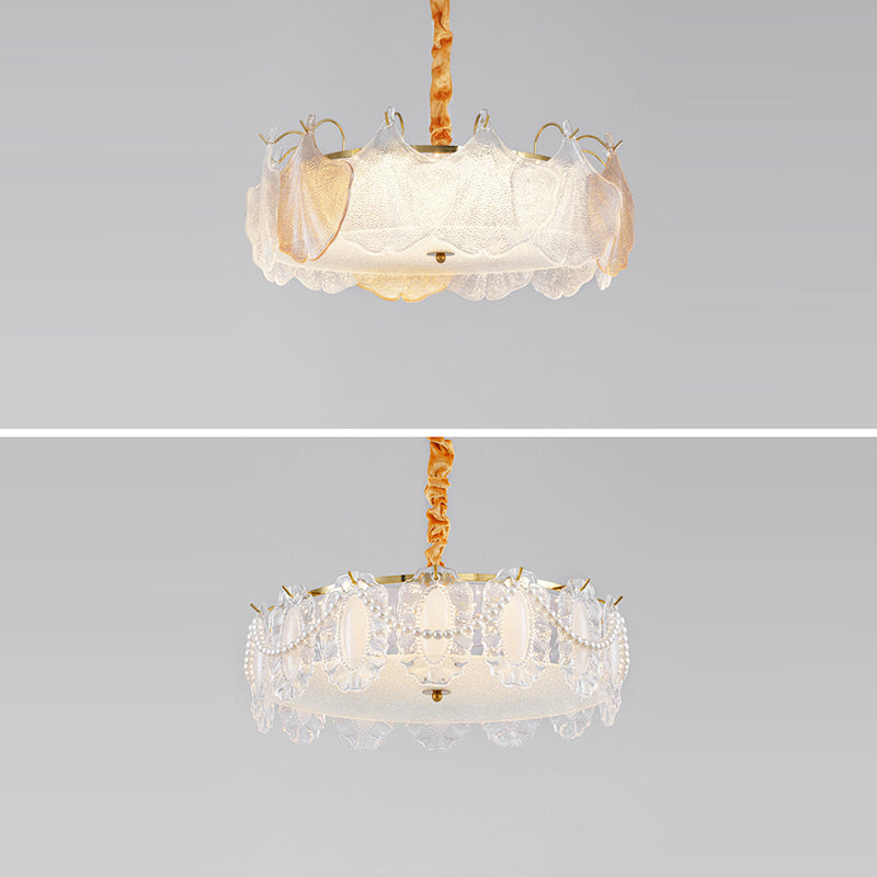 Traditional French Metal & Glass Round Shell Leaf LED Chandelier For Bedroom And Living Room