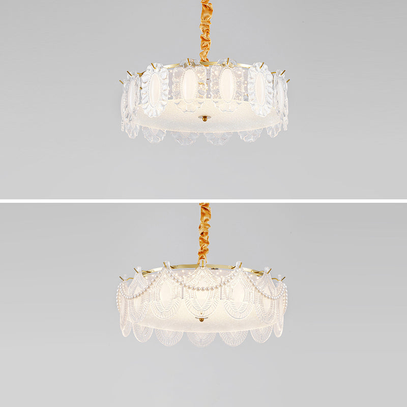 Traditional French Metal &amp; Glass Round Shell Leaf LED Chandelier For Bedroom And Living Room