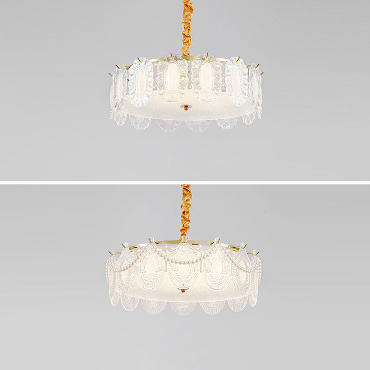 Traditional French Metal &amp; Glass Round Shell Leaf LED Chandelier For Bedroom And Living Room