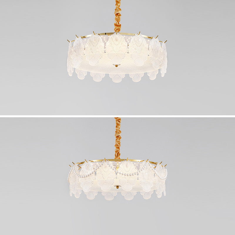 Traditional French Metal &amp; Glass Round Shell Leaf LED Chandelier For Bedroom And Living Room