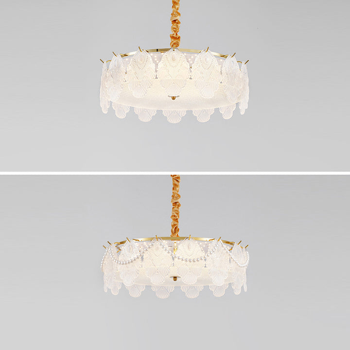Traditional French Metal &amp; Glass Round Shell Leaf LED Chandelier For Bedroom And Living Room