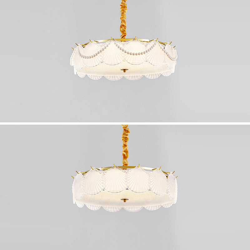 Traditional French Metal &amp; Glass Round Shell Leaf LED Chandelier For Bedroom And Living Room