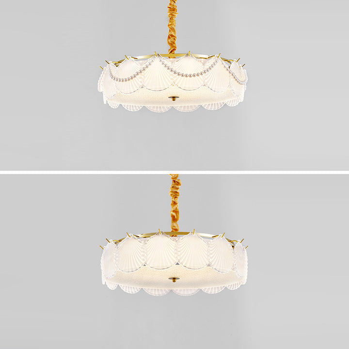 Traditional French Metal &amp; Glass Round Shell Leaf LED Chandelier For Bedroom And Living Room